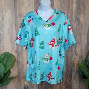 Festive Snowman Christmas Winter Print Women's Nurse Doctor Scrub Top XL   M651